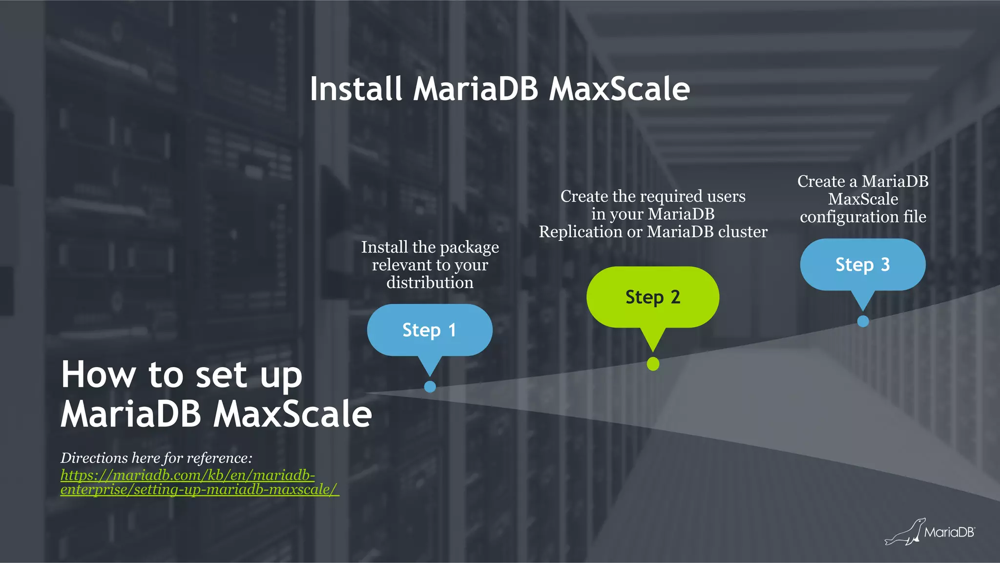 Install MariaDB MaxScale
How to set up
MariaDB MaxScale
Directions here for reference:
https://mariadb.com/kb/en/mariadb-
enterprise/setting-up-mariadb-maxscale/
Install the package
relevant to your
distribution
Step 1
Create the required users
in your MariaDB
Replication or MariaDB cluster
Step 2
Create a MariaDB
MaxScale
configuration file
Step 3
 