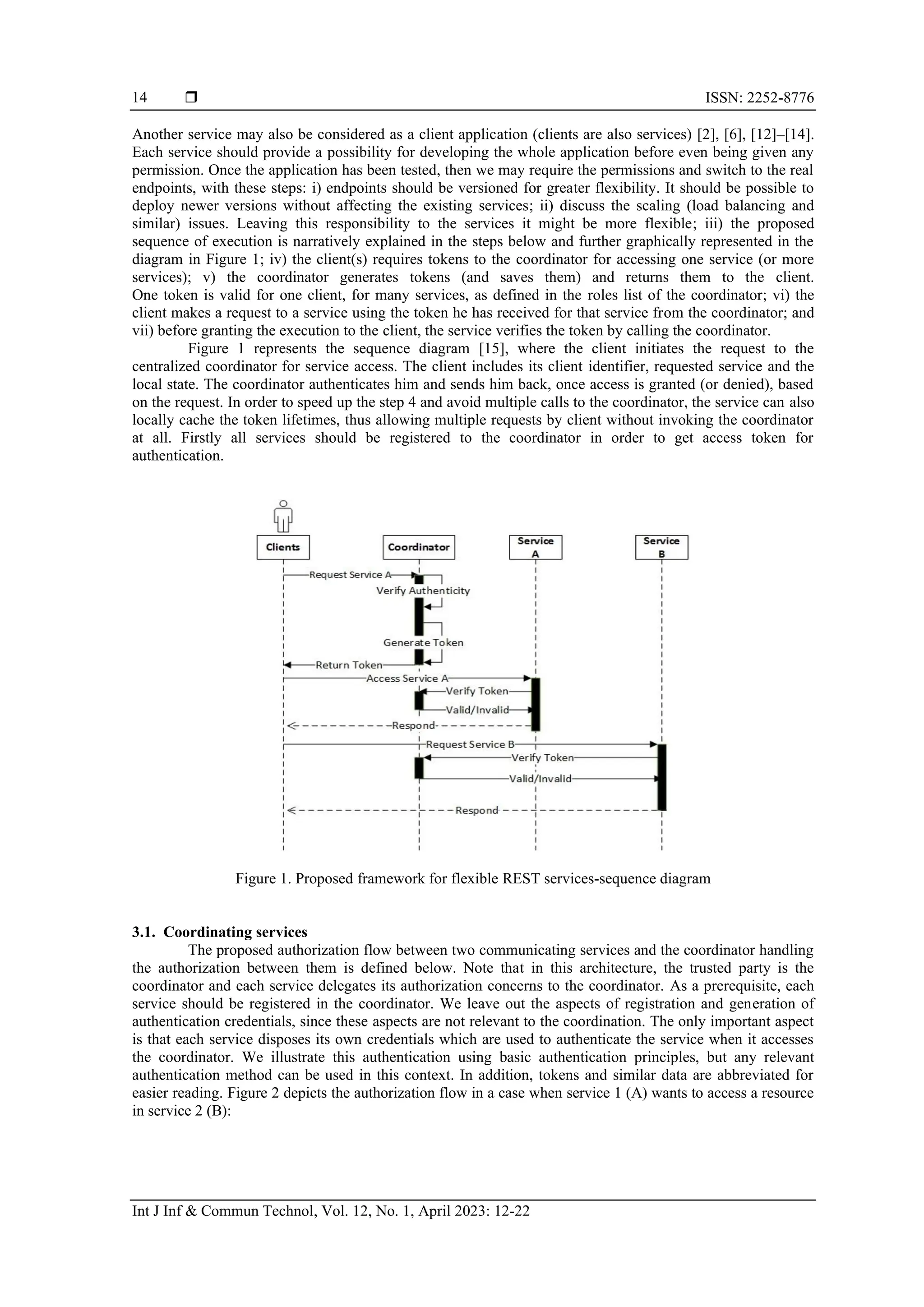  ISSN: 2252-8776
Int J Inf & Commun Technol, Vol. 12, No. 1, April 2023: 12-22
14
Another service may also be considered as a client application (clients are also services) [2], [6], [12]–[14].
Each service should provide a possibility for developing the whole application before even being given any
permission. Once the application has been tested, then we may require the permissions and switch to the real
endpoints, with these steps: i) endpoints should be versioned for greater flexibility. It should be possible to
deploy newer versions without affecting the existing services; ii) discuss the scaling (load balancing and
similar) issues. Leaving this responsibility to the services it might be more flexible; iii) the proposed
sequence of execution is narratively explained in the steps below and further graphically represented in the
diagram in Figure 1; iv) the client(s) requires tokens to the coordinator for accessing one service (or more
services); v) the coordinator generates tokens (and saves them) and returns them to the client.
One token is valid for one client, for many services, as defined in the roles list of the coordinator; vi) the
client makes a request to a service using the token he has received for that service from the coordinator; and
vii) before granting the execution to the client, the service verifies the token by calling the coordinator.
Figure 1 represents the sequence diagram [15], where the client initiates the request to the
centralized coordinator for service access. The client includes its client identifier, requested service and the
local state. The coordinator authenticates him and sends him back, once access is granted (or denied), based
on the request. In order to speed up the step 4 and avoid multiple calls to the coordinator, the service can also
locally cache the token lifetimes, thus allowing multiple requests by client without invoking the coordinator
at all. Firstly all services should be registered to the coordinator in order to get access token for
authentication.
Figure 1. Proposed framework for flexible REST services-sequence diagram
3.1. Coordinating services
The proposed authorization flow between two communicating services and the coordinator handling
the authorization between them is defined below. Note that in this architecture, the trusted party is the
coordinator and each service delegates its authorization concerns to the coordinator. As a prerequisite, each
service should be registered in the coordinator. We leave out the aspects of registration and generation of
authentication credentials, since these aspects are not relevant to the coordination. The only important aspect
is that each service disposes its own credentials which are used to authenticate the service when it accesses
the coordinator. We illustrate this authentication using basic authentication principles, but any relevant
authentication method can be used in this context. In addition, tokens and similar data are abbreviated for
easier reading. Figure 2 depicts the authorization flow in a case when service 1 (A) wants to access a resource
in service 2 (B):
 