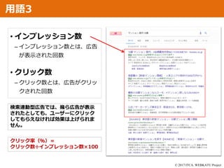 © 2017 ITCA. WEBKATU Project
• インプレッション数
– インプレッション数とは、広告
が表示された回数
• クリック数
– クリック数とは、広告がクリッ
クされた回数
検索連動型広告では、幾ら広告が表示
されたとしても、ユーザーにクリック
してもらえなければ効果は上げられま
せん。
クリック率（％）＝
クリック数÷インプレッション数×100
用語3
 
