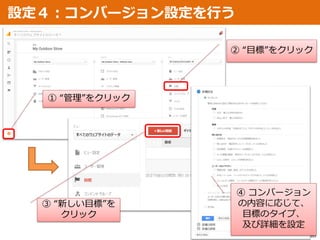 © 2017 ITCA. WEBKATU Project
Season4
シーズン4
設定４：コンバージョン設定を行う
① “管理”をクリック
② “目標”をクリック
③ “新しい目標”を
クリック
④ コンバージョン
の内容に応じて、
目標のタイプ、
及び詳細を設定
 