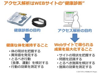 © 2017 ITCA. WEBKATU Project
健康診断の目的
健康な体を維持すること
• 体の現状を把握する
• 異常値を発見する
• とるべき行動
（食事、運動）を検討する
• 行動の効果を測定する
アクセス解析の目的
Webサイトで得られる
成果を最大化すること
• サイトの現状を把握する
• 問題を認識する
• とるべき施策を検討する
• 施策の効果を測定する
アクセス解析はWEBサイトの“健康診断”
 