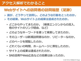 © 2017 ITCA. WEBKATU Project
アクセス解析でわかること
• どこからやってきたのか。（検索エンジンからの流入、
他のサイトのリンク経由、など）
• どのようなキーワードを使って検索してきたのか。
• そのユーザーは新規訪問者なのか、リピーターなのか。
• どのページを閲覧したのか。
• どれぐらいの時間、ホームページに滞在したのか。
• サイト上の成果は達成されたのか。
• SNS活用やWeb広告などの効果はあったのか。
Webサイトへの訪問者の訪問履歴（足跡）
 誰が、どうやって訪問し、どのような行動をとったのか。
 その結果、Webサイト上の成果は達成されたのか。
 