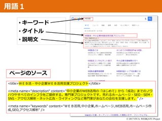 © 2017 ITCA. WEBKATU Project
用語１
• キーワード
• タイトル
• 説明文
<title>ＷＥＢ活 - 中小企業ＷＥＢ活用支援プロジェクト</title>
<meta name="description" content="中小企業のWEB活用の「はじめて」から「成功」までのノウ
ハウやすべてのインフラをご提供する。専門家プロジェクトです。売れるホームページ・SEO・SEM・
SNS・アクセス解析・ネット広告・ライティングなど専門家があなたの会社を支援します。" />
<meta name="keywords" content="ＷＥＢ活用,中小企業,ホームページ,WEB活用,ホームページ作
成,SEO,アクセス解析" />
ページのソース
 