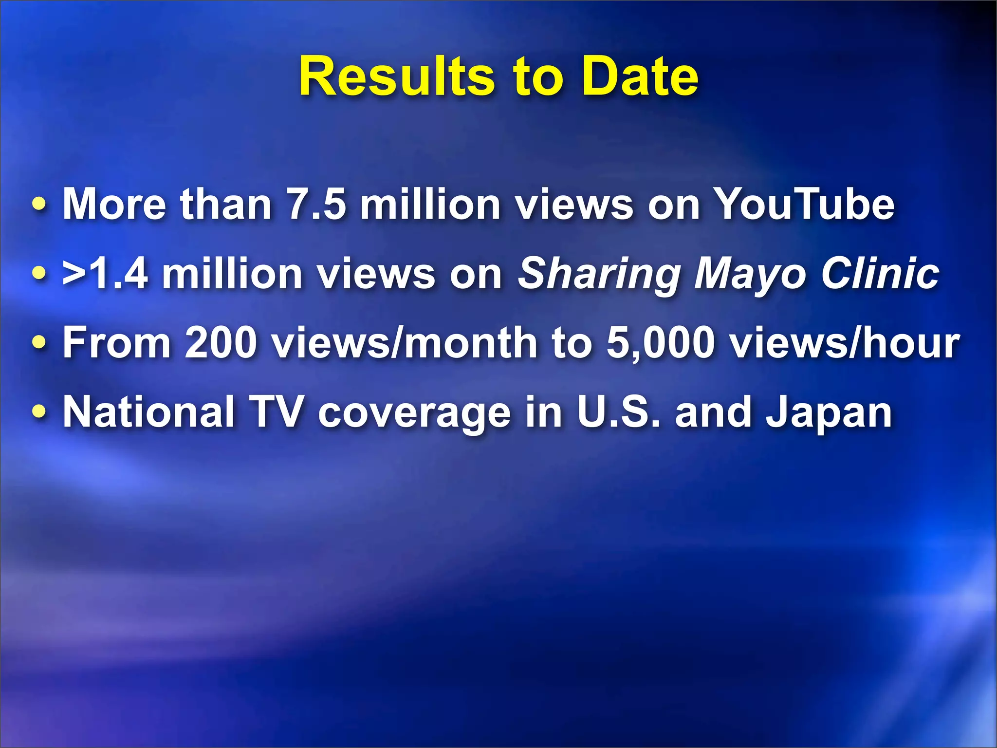 Results to Date

• More than 7.5 million views on YouTube
• >1.4 million views on Sharing Mayo Clinic
• From 200 views/month to 5,000 views/hour
• National TV coverage in U.S. and Japan
 