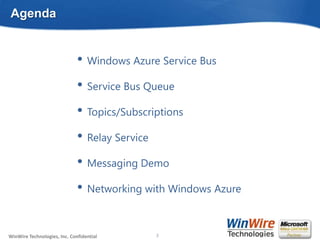 Agenda


                              • Windows Azure Service Bus
                              • Service Bus Queue
                              • Topics/Subscriptions
                              • Relay Service
                              • Messaging Demo
                              • Networking with Windows Azure

WinWire Technologies, Inc. Confidential                            3
                                          © 2010 WinWire Technologies
 