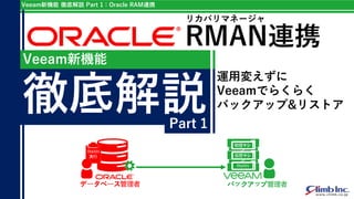 Veeam新機能 徹底解説 Part 1：Oracle RAM連携
RMAN連携
リカバリマネージャ
データベース管理者 バックアップ管理者
物理マシ
ン
仮想マシ
ン
RMAN
RMAN
実行
運用変えずに
Veeamでらくらく
バックアップ...