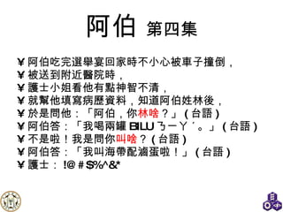阿伯   第四集 阿伯吃完選舉宴回家時不小心被車子撞倒， 被送到附近醫院時， 護士小姐看他有點神智不清， 就幫他填寫病歷資料，知道阿伯姓林後， 於是問他：「阿伯，你 林啥 ？」 ( 台語 ) 阿伯答：「我喝兩罐 BILU ㄋㄧㄚ ˊ 。」 ( 台語 ) 不是啦！我是問你 叫啥 ？ ( 台語 ) 阿伯答：「我叫海帶配滷蛋啦！」 ( 台語 ) 護士： !@#$%^&* 