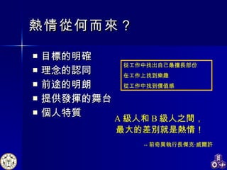 熱情從何而來？ 目標的明確 理念的認同 前途的明朗 提供發揮的舞台 個人特質 從工作中找出自己最擅長部份 在工作上找到樂趣 從工作中找到價值感 -- 前奇異執行長傑克‧威爾許 A 級人和 B 級人之間， 最大的差別就是熱情！ 