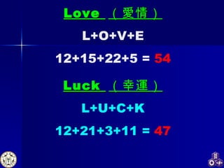 Love   （愛情） L+O+V+E 12+15+22+5 =  54 Luck   （幸運） L+U+C+K 12+21+3+11 =  47 