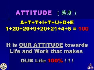 ATTITUDE   （態度） A+T+T+I+T+U+D+E 1+20+20+9+20+21+4+5 =  100 It is  OUR ATTITUDE  towards Life and Work that makes  OUR Life   100%   ! ! ! 