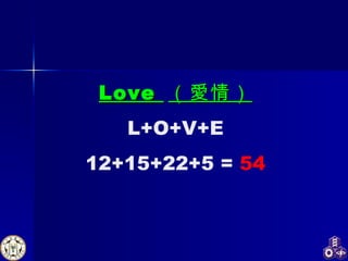 Love   （愛情） L+O+V+E 12+15+22+5 =  54 