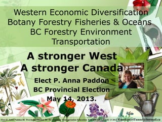 Western Economic Diversification
      Botany Forestry Fisheries & Oceans
           BC Forestry Environment
                Transportation
                    A stronger West
                   A stronger Canada
                               Elect P. Anna Paddon
                               BC Provincial Election
                                   May 14, 2013.


Elect P. Anna Paddon BC Provincial Election BC Development Transportation Education Free 100 200 Level 02 13 2013.   Email:paz4Tunnel@hotmail.ca
 