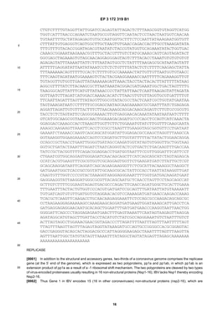 EP 3 172 319 B1
16
5
10
15
20
25
30
35
40
45
50
55
REPLICASE
[0061] In addition to the structural and accessory genes, two-thirds of a coronavirus genome comprises the replicase
gene (at the 5’ end of the genome), which is expressed as two polyproteins, pp1a and pp1ab, in which pp1ab is an
extension product of pp1a as a result of a -1 ribosomal shift mechanism. The two polyproteins are cleaved by two types
of virus-encoded proteinases usually resulting in 16 non-structural proteins (Nsp1-16); IBV lacks Nsp1 thereby encoding
Nsp2-16.
[0062] Thus Gene 1 in IBV encodes 15 (16 in other coronaviruses) non-structural proteins (nsp2-16), which are
 
