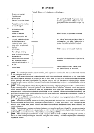 EP 3 172 319 B1
21
5
10
15
20
25
30
35
40
45
50
55
[0083] The variant replicase of the present invention, when expressed in a coronavirus, may cause the virus to replicate
at non-pathogenic levels in ovo.
[0084] While developing vaccines to be administered in ovo to chicken embryos, attention must be paid to two points:
the effect of maternal antibodies on the vaccines and the effect of the vaccines on the embryo. Maternal antibodies are
known to interfere with active immunization. For example, vaccines with mild strains do not induce protective antibody
levels when administered to broiler chickens with maternal antibodies as these strains are neutralized by the maternal
antibody pool.
[0085] Thus a viral particle must be sufficiently efficient at replicating and propagating to ensure that it is not neutralized
by the maternally-derived antibodies against the virus. Maternally-derived antibodies are a finite pool of effective anti-
bodies, which decrease as the chicken ages, and neutralization of the virus in this manner does not equate to the
establishment of long-term immunity for the embryo/chick. In order to develop long-term immunity against the virus, the
embryo and hatched chicken must develop an appropriate protective immune response which is distinct to the effect of
the maternally-derived antibodies.
[0086] To be useful for in ovo vaccination, the virus must also not replicate and propagate at a level which causes it
to be pathogenic to the embryo.
[0087] Reduced pathogenicity in terms of the embryo may mean that the coronavirus causes less reduction in hatch-
ability compared to a corresponding, wild-type control coronavirus. Thus the term "without being pathogenic to the
embryo" in the context of the present invention may mean "without causing reduced hatchability" when compared to a
control coronavirus.
[0088] Asuitablevariant replicasemaybeidentifiedusingmethodswhich areknownintheart.For examplecomparative
challenge experiments following in ovo vaccination of embryos with or without maternally-derived antibodies may be
performed (i.e. wherein the layer has or has not been vaccinated against IBV).
[0089] If the variant replicase enables the virus to propagate at a level which is too high, the embryo will not hatch or
will not be viable following hatching (i.e. the virus is pathogenic to the embryo). A virus which is pathogenic to the embryo
may kill the embryo.
Table 2 IBV severity limits based on clinical signs:
Snicking (sneezing)
IBV specific: Mild (N.B. Respiratory signs
become apparent from 2-3 dpi if they are
going tooccur and can continue for up to7d).
Nasal exudate
Watery eyes
Swollen infraorbital sinuses
Rales (vibration in trachea
or bronchi region)
Hunched posture /
depressed
Mild, if exceed 2d increase to moderateFluffed up feathers
Eating and drinking less
Drinking in excess: evident
by fluid filled crop or
measured water intake
IBV specific: Mild, if exceed 24h increase to
moderate for a max of 2d. If still drinking in
excess then kill by schedule 1 method.
Less active but still evade
capture
Mild, if exceed 1d increase to moderate.Weight loss
Not eating or drinking
Birds sit alone and does not
evade capture
Moderate:birdsatendpoint.Killbyschedule
1 method.
Severe respiratory distress:
e.g. excessive gasping
Snicking and / or rales for 7d
in total
Found dead
Severe: report to project license holder.
Full post-mortem to be performed.
 