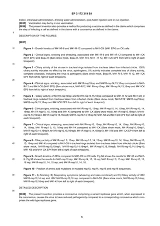 EP 3 172 319 B1
5
5
10
15
20
25
30
35
40
45
50
55
tration, intranasal administration, drinking water administration, post-hatch injection and in ovo injection.
[0035] Vaccination may be by in ovo vaccination.
[0036] The present invention also provides a method for producing a vaccine as defined in the claims which comprises
the step of infecting a cell as defined in the claims with a coronavirus as defined in the claims.
DESCRIPTION OF THE FIGURES
[0037]
Figure 1 - Growth kinetics of M41-R-6 and M41-R-12 compared to M41-CK (M41 EP4) on CK cells
Figure 2 - Clinical signs, snicking and wheezing, associated with M41-R-6 and M41-R-12 compared to M41-CK
(M41 EP4) and Beau-R (Bars show mock, Beau-R, M41-R 6, M41 - R 12, M41-CK EP4 from left to right of each
timepoint).
Figure 3 - Ciliary activity of the viruses in tracheal rings isolated from tracheas taken from infected chicks. 100%
ciliary activity indicates no effect by the virus; apathogenic, 0% activity indicates complete loss of ciliary activity,
complete ciliostasis, indicating the virus is pathogenic (Bars show mock, Beau-R, M41-R 6, M41-R 12, M41-CK
EP4 from left to right of each timepoint).
Figure 4 - Clinical signs, snicking, associated with M41R-nsp10rep and M41R-nsp14,15,16rep compared to M41-
R-12 and M41-CK (M41 EP5) (Bars show mock, M41-R12; M41 R-nsp10rep; M41 R-nsp14,15,16rep and M41-CK
EP5 from left to right of each timepoint).
Figure 5 - Ciliary activity of M41R-nsp10rep and M41R-nsp14,15,16rep compared to M41-R-12 and M41-CK in
tracheal rings isolated from tracheas taken from infected chicks (Bars show mock; M41-R12; M41R-nsp10rep;
M41R-nsp14,15,16rep and M41-CK EP5 from left to right of each timepoint).
Figure 6 - Clinical signs, snicking, associated with M41R-nsp10, 15rep, M41R-nsp10, 14, 15rep, M41R-nsp10, 14,
16rep, M41 R-nsp10, 15, 16rep and M41-K compared to M41-CK (Bars show mock, M41R-nsp10,15rep1; M41R-
nsp10,14,16rep4; M41R-nsp10,15,16rep8; M41R-nsp10,14,15rep10; M41-K6 and M41-CK EP4 from left to right of
each timepoint).
Figure 7 - Clinical signs, wheezing, associated with M41R-nsp10, 15rep, M41R-nsp10, 14, 15rep, M41R-nsp10,
14, 16rep, M41 R-nsp1 0, 15, 16rep and M41-K compared to M41-CK (Bars show mock, M41R-nsp10,15rep1;
M41R-nsp10,14,16rep4; M41R-nsp10,15,16rep8; M41R-nsp10,14,15rep10; M41-K6 and M41-CK EP4 from left to
right of each timepoint).
Figure 8 - Ciliary activity of M41R-nsp1 0, 15rep, M41 R-nsp1 0, 14, 15rep, M41R-nsp10, 14, 16rep, M41R-nsp10,
15, 16rep and M41-K compared to M41-CK in tracheal rings isolated from tracheas taken from infected chicks (Bars
show mock, M41R-nsp10,15rep1; M41R-nsp10,14,16rep4; M41R-nsp10,15,16rep8; M41R-nsp10,14,15rep10;
M41-K6 and M41-CK EP4 from left to right of each timepoint).
Figure 9 - Growth kinetics of rIBVs compared to M41-CK on CK cells. Fig 9A shows the results for M41-R and M41-
K. Fig 9B shows the results for M41-nsp10 rep; M41 R-nsp14, 15, 16 rep; M41 R-nsp1 0, 15 rep; M41 R-nsp10, 15,
16 rep; M41R-nsp10, 14, 15 rep; and M41R-nsp10, 14, 16.
Figure 10 - Position of amino acid mutations in mutated nsp10, nsp14, nsp15 and nsp16 sequences.
Figure 11 - A) Snicking; B) Respiratory symptoms (wheezing and rales combined) and C) Ciliary activity of rIBV
M41R-nsp10,14 rep and rIBV M41R-nsp10,16 rep compared to M41-CK (Bars show mock, M41R-nsp10,14rep;
M41R-nsp10,16rep and M41-K from left to right of each timepoint).
DETAILED DESCRIPTION
[0038] The present invention provides a coronavirus comprising a variant replicase gene which, when expressed in
the coronavirus, causes the virus to have reduced pathogenicity compared to a corresponding coronavirus which com-
prises the wild-type replicase gene.
 