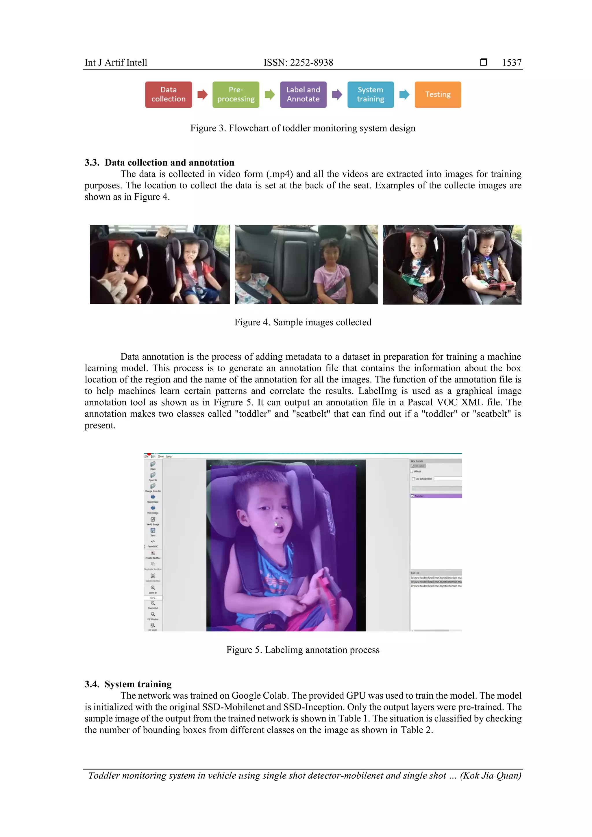 Int J Artif Intell ISSN: 2252-8938 
Toddler monitoring system in vehicle using single shot detector-mobilenet and single shot … (Kok Jia Quan)
1537
Figure 3. Flowchart of toddler monitoring system design
3.3. Data collection and annotation
The data is collected in video form (.mp4) and all the videos are extracted into images for training
purposes. The location to collect the data is set at the back of the seat. Examples of the collecte images are
shown as in Figure 4.
Figure 4. Sample images collected
Data annotation is the process of adding metadata to a dataset in preparation for training a machine
learning model. This process is to generate an annotation file that contains the information about the box
location of the region and the name of the annotation for all the images. The function of the annotation file is
to help machines learn certain patterns and correlate the results. LabelImg is used as a graphical image
annotation tool as shown as in Figrure 5. It can output an annotation file in a Pascal VOC XML file. The
annotation makes two classes called "toddler" and "seatbelt" that can find out if a "toddler" or "seatbelt" is
present.
Figure 5. Labelimg annotation process
3.4. System training
The network was trained on Google Colab. The provided GPU was used to train the model. The model
is initialized with the original SSD-Mobilenet and SSD-Inception. Only the output layers were pre-trained. The
sample image of the output from the trained network is shown in Table 1. The situation is classified by checking
the number of bounding boxes from different classes on the image as shown in Table 2.
 