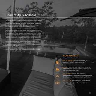 Hospitality  Tourism
The design team at MODE are at the forefront of creating spaces
that are infused with life and persona, while putting guests
comfort and ease of use at the centre of the design. The design
aesthetics is about creating an atmosphere that is warm and
inviting, whilst evoking strong feelings and emotions.
MODE's experience expands across budget, to 5 Star plus
facilities which allows for their design team to constantly strive
for high levels of diversity and uniqueness. MODE have the benefit
of working with a wide range of international operators and the
experience of delivering all classes and grades of hotels, resorts,
bars and restaurants. This has enabled a thorough appreciation
of design priorities, functionality and quality interior spaces and
innovative and engaging solutions.
MODE create spaces that are a hub for experiences while
offering sanctuaries that focus on the integrity and authenticity
of materials to deliver sophisticated and intuitive spaces that
consider the bottom line to costing.
MODE design outcomes are adaptive, flexible solutions that meet
clients’ needs and fulfil their sustainable objectives. The overall
design reimagines the art of living.
WE CREATE well-integrated projects that
can assist in revitalising fringe spaces.
WE WORKSHOP with stakeholders to
create an indepth understanding of
client needs.
WE AIM to create site-responsive designs,
tailored to the commercial requirements of
our clients and end users.
WE IDENTIFY trends that influence
framework shifts which encourage integrated
development over independent typologies.
How We Do It
29
 