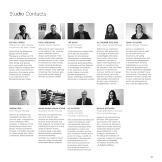 Studio Contacts
ED HAYSOM
General Director 	
MODE HAYSOM
Architect Vietnam Co
Ed’s multifaceted architectural
career encompasses multi-
unit residential, retail and
commercial buildings while
specialising in resort and
hospitality projects and has
won numerous awards for his
work. He brings a wealth of
knowledge in development
and implementation of
best practice policies and
procedures which assist
outcomes for projects in
both Australia and Vietnam.
PAUL ORESHKIN
Sydney Studio Director
With over 15 years experience
in the industry, Paul currently
leads a talented team of
design professionals in the
Sydney Studio that is able to
provide services to our clients
in architecture, urban design,
master planning, landscape
architecture, graphics and
interior design. Since opening
in Sydney, Paul has been able
to provide a wide range of
services to clients in NSW.
TIM BOAG
Sunshine Coast
Studio Manager
Tim’s experience ranges from
work with the Australian
Agency for International
Development in developing
countries to internationally-
recognised sporting facilities
in Australia and New Zealand.
Tim leverages the diversity
of his experience across
project types to provide
broader approaches to
design challenges and better
outcomes in a regional context.
KATHERINE RICKARD
Gold Coast Studio Manager
Katherine is a registered
architect with experience
in a range of architectural
project types and scales,
from interior fitouts and
community facilities to
larger-scale residential and
mixed-use developments,
for a range of user and client
groups in Australia and
overseas. Katherine’s design
approach pays particular
attention to detail to achieve
high-quality outcomes for
the end-user, achieved in
a collaborative manner.
MEGAN RODGERS
Associate Director  Group
Commercial Manager
Megan is an award winning
architect with significant
experience in the realms of
arts, commercial, education,
healthcare, master planning,
residential, retail and urban
design. Pertinent to this
is Megan’s experience in
the design and delivery of
numerous projects of varying
scales and complexities
throughout Australia, the
UK, Brazil and Spain.
SIMON PAUL
Perth Studio Manager
Simon is a confident and
competent architect, with
over ten years of experience
in the profession. With
strengths in all facets of the
architectural process from
design and documentation
through to the skills required
to communicate with clients,
contractors and consultants.
MARK BURKE-DAMASCHKE
Auckland Studio Director
Mark has a successful track
record of over 25 years,
working on large and complex
projects across Europe and
New Zealand. His architectural
capability focuses on a broad
range of design sectors,
including large scale retail
developments, commercial
and leisure facilities,
heritage, civic, justice, master
planning, urban design and
sustainable design projects.
JENNY CULGAN
Darwin Studio Manager
Jenny is a registered
architect with over 18 years
all round architectural
experience, including
contract administration and
construction management
in the Northern Territory.
Adaptability is a common
trait in NT Architects and
Jenny’s experience highlights
this. Having worked in many
communities throughout the
Northern Territory, Jenny has
a focus on producing designs
which are both practical
and culturally appropriate.
DAVID LENNOX
Melbourne Studio Manager
 Infrastructure Team Leader
David leads the Melbourne
design team as Studio
Manager and brings over 16
years of extensive Architecture
and Urban Design experience
both locally and abroad.
He is passionate about the
public realm of buildings and
spaces with comprehensive
experience that spans across
Infrastructure, Transport,
Civic, Educational and
Residential project types.
61
 