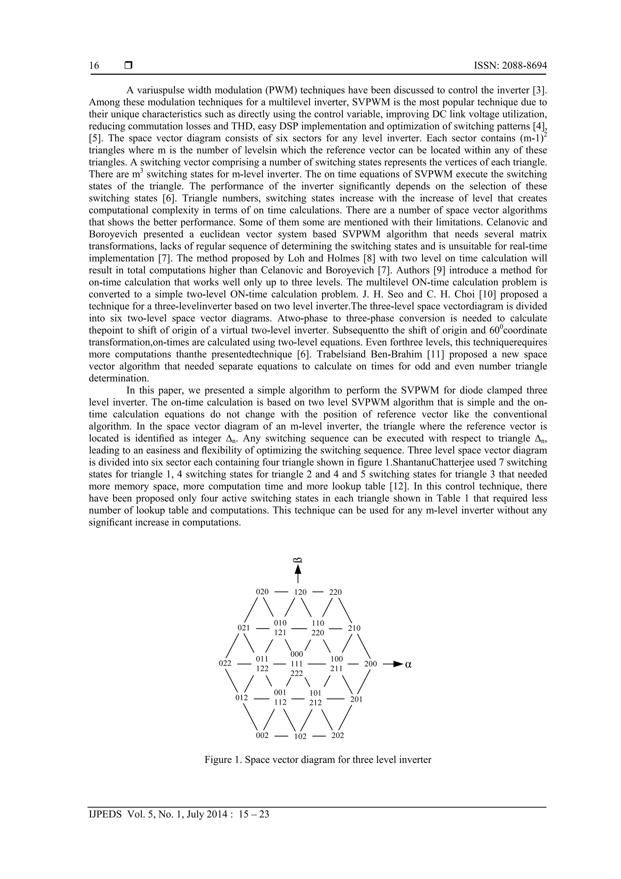  ISSN: 2088-8694
IJPEDS Vol. 5, No. 1, July 2014 : 15 – 23
16
A variuspulse width modulation (PWM) techniques have been discussed to control the inverter [3].
Among these modulation techniques for a multilevel inverter, SVPWM is the most popular technique due to
their unique characteristics such as directly using the control variable, improving DC link voltage utilization,
reducing commutation losses and THD, easy DSP implementation and optimization of switching patterns [4],
[5]. The space vector diagram consists of six sectors for any level inverter. Each sector contains (m-1)2
triangles where m is the number of levelsin which the reference vector can be located within any of these
triangles. A switching vector comprising a number of switching states represents the vertices of each triangle.
There are m3
switching states for m-level inverter. The on time equations of SVPWM execute the switching
states of the triangle. The performance of the inverter signiﬁcantly depends on the selection of these
switching states [6]. Triangle numbers, switching states increase with the increase of level that creates
computational complexity in terms of on time calculations. There are a number of space vector algorithms
that shows the better performance. Some of them some are mentioned with their limitations. Celanovic and
Boroyevich presented a euclidean vector system based SVPWM algorithm that needs several matrix
transformations, lacks of regular sequence of determining the switching states and is unsuitable for real-time
implementation [7]. The method proposed by Loh and Holmes [8] with two level on time calculation will
result in total computations higher than Celanovic and Boroyevich [7]. Authors [9] introduce a method for
on-time calculation that works well only up to three levels. The multilevel ON-time calculation problem is
converted to a simple two-level ON-time calculation problem. J. H. Seo and C. H. Choi [10] proposed a
technique for a three-levelinverter based on two level inverter.The three-level space vectordiagram is divided
into six two-level space vector diagrams. Atwo-phase to three-phase conversion is needed to calculate
thepoint to shift of origin of a virtual two-level inverter. Subsequentto the shift of origin and 600
coordinate
transformation,on-times are calculated using two-level equations. Even forthree levels, this techniquerequires
more computations thanthe presentedtechnique [6]. Trabelsiand Ben-Brahim [11] proposed a new space
vector algorithm that needed separate equations to calculate on times for odd and even number triangle
determination.
In this paper, we presented a simple algorithm to perform the SVPWM for diode clamped three
level inverter. The on-time calculation is based on two level SVPWM algorithm that is simple and the on-
time calculation equations do not change with the position of reference vector like the conventional
algorithm. In the space vector diagram of an m-level inverter, the triangle where the reference vector is
located is identiﬁed as integer ∆n. Any switching sequence can be executed with respect to triangle ∆n,
leading to an easiness and ﬂexibility of optimizing the switching sequence. Three level space vector diagram
is divided into six sector each containing four triangle shown in figure 1.ShantanuChatterjee used 7 switching
states for triangle 1, 4 switching states for triangle 2 and 4 and 5 switching states for triangle 3 that needed
more memory space, more computation time and more lookup table [12]. In this control technique, there
have been proposed only four active switching states in each triangle shown in Table 1 that required less
number of lookup table and computations. This technique can be used for any m-level inverter without any
signiﬁcant increase in computations.
Figure 1. Space vector diagram for three level inverter
 
