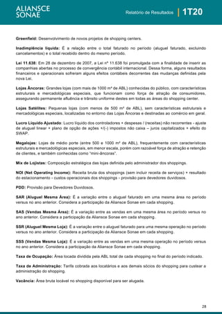 28
| 1T20Relatório de Resultados
Greenfield: Desenvolvimento de novos projetos de shopping centers.
Inadimplência líquida: É a relação entre o total faturado no período (aluguel faturado, excluindo
cancelamentos) e o total recebido dentro do mesmo período.
Lei 11.638: Em 28 de dezembro de 2007, a Lei nº 11.638 foi promulgada com a finalidade de inserir as
companhias abertas no processo de convergência contábil internacional. Dessa forma, alguns resultados
financeiros e operacionais sofreram alguns efeitos contábeis decorrentes das mudanças definidas pela
nova Lei.
Lojas Âncoras: Grandes lojas (com mais de 1000 m² de ABL) conhecidas do público, com características
estruturais e mercadológicas especiais, que funcionam como força de atração de consumidores,
assegurando permanente afluência e trânsito uniforme destes em todas as áreas do shopping center.
Lojas Satélites: Pequenas lojas (com menos de 500 m² de ABL), sem características estruturais e
mercadológicas especiais, localizadas no entorno das Lojas Âncoras e destinadas ao comércio em geral.
Lucro Líquido Ajustado: Lucro líquido dos controladores + despesas / (receitas) não recorrentes - ajuste
de aluguel linear + plano de opção de ações +/(-) impostos não caixa – juros capitalizados + efeito do
SWAP.
Megalojas: Lojas de médio porte (entre 500 e 1000 m² de ABL), frequentemente com características
estruturais e mercadológicas especiais, em menor escala, porém com razoável força de atração e retenção
de clientes, e também conhecidas como “mini-âncoras”.
Mix de Lojistas: Composição estratégica das lojas definida pelo administrador dos shoppings.
NOI (Net Operating Income): Receita bruta dos shoppings (sem incluir receita de serviços) + resultado
do estacionamento - custos operacionais dos shoppings - provisão para devedores duvidosos.
PDD: Provisão para Devedores Duvidosos.
SAR (Aluguel Mesma Área): É a variação entre o aluguel faturado em uma mesma área no período
versus no ano anterior. Considera a participação da Aliansce Sonae em cada shopping.
SAS (Vendas Mesma Área): É a variação entre as vendas em uma mesma área no período versus no
ano anterior. Considera a participação da Aliansce Sonae em cada shopping.
SSR (Aluguel Mesma Loja): É a variação entre o aluguel faturado para uma mesma operação no período
versus no ano anterior. Considera a participação da Aliansce Sonae em cada shopping.
SSS (Vendas Mesma Loja): É a variação entre as vendas em uma mesma operação no período versus
no ano anterior. Considera a participação da Aliansce Sonae em cada shopping.
Taxa de Ocupação: Área locada dividida pela ABL total de cada shopping no final do período indicado.
Taxa de Administração: Tarifa cobrada aos locatários e aos demais sócios do shopping para custear a
administração do shopping.
Vacância: Área bruta locável no shopping disponível para ser alugada.
 
