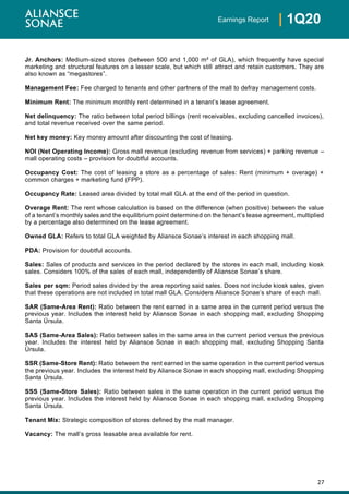 27
| 1Q20Earnings Report
Jr. Anchors: Medium-sized stores (between 500 and 1,000 m² of GLA), which frequently have special
marketing and structural features on a lesser scale, but which still attract and retain customers. They are
also known as “megastores”.
Management Fee: Fee charged to tenants and other partners of the mall to defray management costs.
Minimum Rent: The minimum monthly rent determined in a tenant’s lease agreement.
Net delinquency: The ratio between total period billings (rent receivables, excluding cancelled invoices),
and total revenue received over the same period.
Net key money: Key money amount after discounting the cost of leasing.
NOI (Net Operating Income): Gross mall revenue (excluding revenue from services) + parking revenue –
mall operating costs – provision for doubtful accounts.
Occupancy Cost: The cost of leasing a store as a percentage of sales: Rent (minimum + overage) +
common charges + marketing fund (FPP).
Occupancy Rate: Leased area divided by total mall GLA at the end of the period in question.
Overage Rent: The rent whose calculation is based on the difference (when positive) between the value
of a tenant’s monthly sales and the equilibrium point determined on the tenant’s lease agreement, multiplied
by a percentage also determined on the lease agreement.
Owned GLA: Refers to total GLA weighted by Aliansce Sonae’s interest in each shopping mall.
PDA: Provision for doubtful accounts.
Sales: Sales of products and services in the period declared by the stores in each mall, including kiosk
sales. Considers 100% of the sales of each mall, independently of Aliansce Sonae’s share.
Sales per sqm: Period sales divided by the area reporting said sales. Does not include kiosk sales, given
that these operations are not included in total mall GLA. Considers Aliansce Sonae’s share of each mall.
SAR (Same-Area Rent): Ratio between the rent earned in a same area in the current period versus the
previous year. Includes the interest held by Aliansce Sonae in each shopping mall, excluding Shopping
Santa Úrsula.
SAS (Same-Area Sales): Ratio between sales in the same area in the current period versus the previous
year. Includes the interest held by Aliansce Sonae in each shopping mall, excluding Shopping Santa
Úrsula.
SSR (Same-Store Rent): Ratio between the rent earned in the same operation in the current period versus
the previous year. Includes the interest held by Aliansce Sonae in each shopping mall, excluding Shopping
Santa Úrsula.
SSS (Same-Store Sales): Ratio between sales in the same operation in the current period versus the
previous year. Includes the interest held by Aliansce Sonae in each shopping mall, excluding Shopping
Santa Úrsula.
Tenant Mix: Strategic composition of stores defined by the mall manager.
Vacancy: The mall’s gross leasable area available for rent.
 