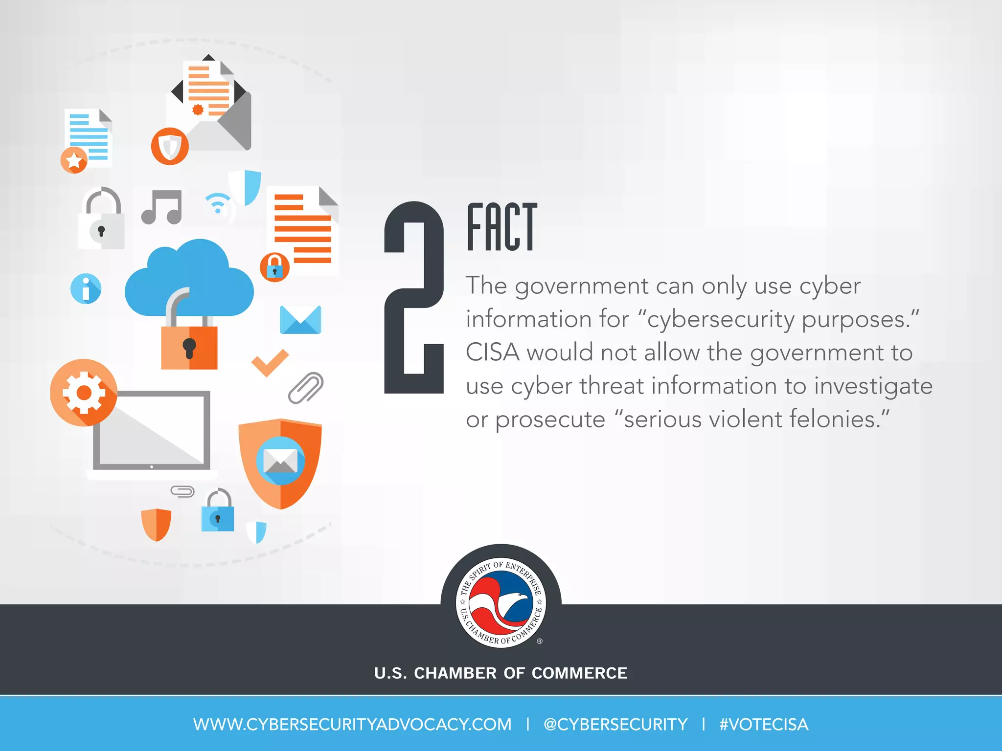 2The government can only use cyber
information for “cybersecurity purposes.”
CISA would not allow the government to
use cyber threat information to investigate
or prosecute “serious violent felonies.”
FACT
WWW.CYBERSECURITYADVOCACY.COM | @CYBERSECURITY | #VOTECISA
 