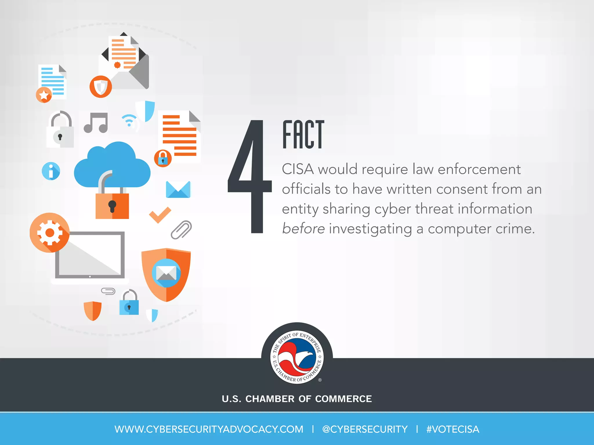 4CISA would require law enforcement
officials to have written consent from an
entity sharing cyber threat information
before investigating a computer crime.
FACT
WWW.CYBERSECURITYADVOCACY.COM | @CYBERSECURITY | #VOTECISA
 