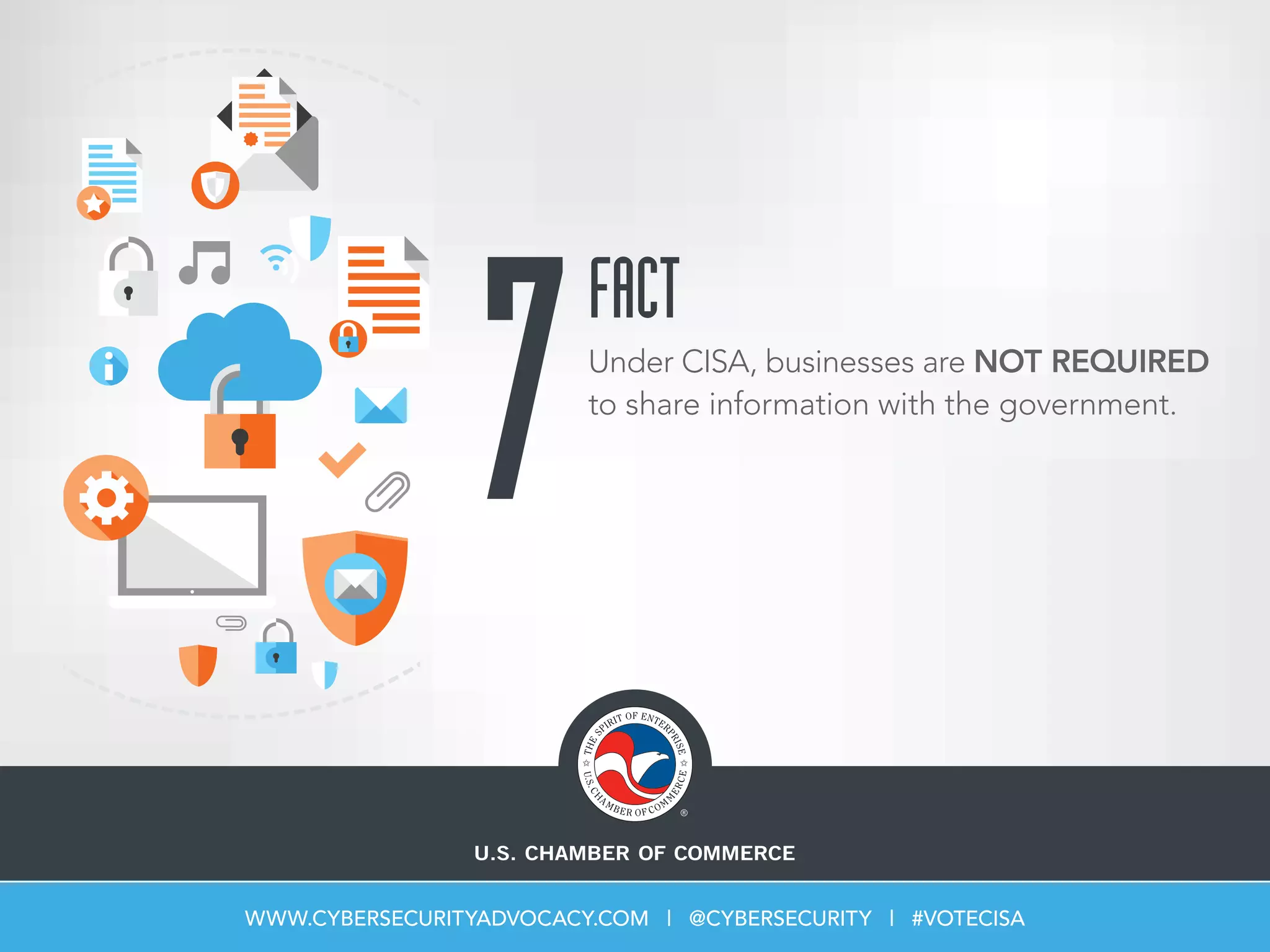 7Under CISA, businesses are NOT REQUIRED
to share information with the government.
FACT
WWW.CYBERSECURITYADVOCACY.COM | @CYBERSECURITY | #VOTECISA
 
