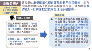 11
調查發現6 受害學生承受嚴重心理負面陰影且不信任體制，並有
證述學生遭行為人以訴訟手段報復之虞；且本案多位
被害人，目前僅1至2位媒合進行心理諮商。
受害人漸漸淡出劇場，內心陰
影還很重，很怕與行為人碰面，
也不相信體制，在劇場與行為
人鬧翻，行為人卻提告。
學校圈子太小，如果去諮商，
可能會被知道……很多受害者
也都在學校任教。
請教育部會同
文化部及衛福部
確實檢討改進
1. 本案多位被害人目前僅1至2位
媒合進行心理諮商，實難認已
積極協助受害者進行後續追
訴，相關普查及諮商輔導作為
確有妥速推展之必要。
2. 另有關「公益目的揭露性侵害
或性騷擾加害者身分」之實際
做法，亦有待教育部會同文化
部及衛生福利部審慎研商妥處
因應。
調查結論
相關人員證述
 
