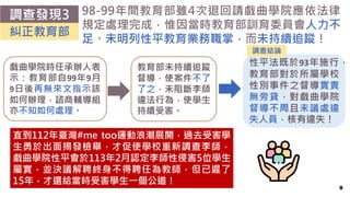 8
調查發現3 98-99年間教育部雖4次退回請戲曲學院應依法律
規定處理完成，惟因當時教育部訓育委員會人力不
足、未明列性平教育業務職掌，而未持續追蹤！
戲曲學院時任承辦人表
示：教育部自99年9月
9日後再無來文指示該
如何辦理，諮商輔導組
亦不知如何處理。
性平法既於93年施行，
教育部對於所屬學校
性別事件之督導實責
無旁貸，對戲曲學院
督導不周且未議處違
失人員，核有違失！
糾正教育部
教育部未持續追蹤
督導，使案件不了
了之，未阻斷李師
違法行為，使學生
持續受害。
直到112年臺灣#me too運動浪潮展開，過去受害學
生勇於出面揭發檢舉，才促使學校重新調查李師，
戲曲學院性平會於113年2月認定李師性侵害5位學生
屬實，並決議解聘終身不得聘任為教師，但已遲了
15年，才還給當時受害學生一個公道！
調查結論
 