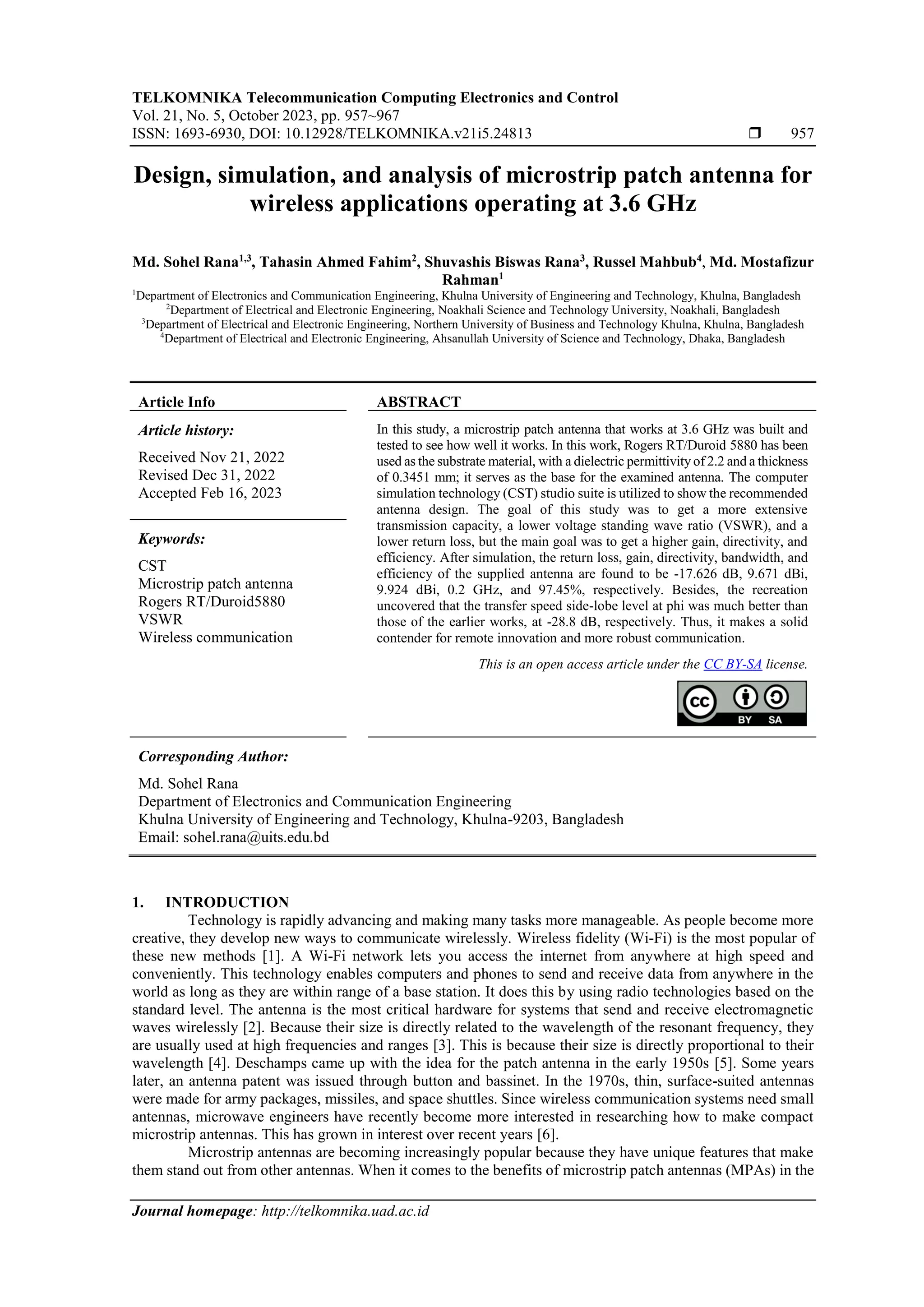Design, simulation, and analysis of microstrip patch antenna for ...