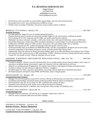 P.S. BUSINESS SERVICES INC
Peggy Johnson
615 440 7318
ps@psbkservices.com
www.psbkservices.com
• Performed accounts receivable, accounts payable, general ledger, and year-end closing functions.
• Reconciled Gross to Net, Taxes and Deductions to HRProd system.
• Verified proper recording of individual transactions using exception reports or Queries.
BROOKLYN CITY SCHOOLS - Brooklyn, OH…………………………………………….........................................2001-2006
Assistant Treasurer
• Provided analytical support for new accounting and payroll projects.
• Prepared financial data for month end, annual and monthly budgets for all schoolcenters, and financial reports.
• Processed payroll for 250+ employees and $4 million per month using Paychex software.
• Maintained insurance, retirement, annuities, credit union, bonds, dues, other payroll deductions, salary & EMIS data.
• Posted Ohio Department of Education (ODE) foundation distribution to general ledger for all Federal and State funds.
• Collaborated with ODE auditors in 2004 to achieve the System’s first non-citation audit with no violations.
• Managed and tracked some 40+ student and principal funds and specific schoolaccounts.
• Performed monthly bank reconciliations for $800,000 monthly cash flow and maintained all deposit and record receipts.
• Assisted in preparation of investment and interest activity on bonds and the Ohio Victory Fund.
• Implemented TimeTrak software for hourly personnelenabling quick access labor distribution and employee time-off data.
• Converted from 80% manual records to 100% participation in ODE’s financial software to manage payroll and accounting.
• Trained 40+ new people on state’s financial reporting software system.
LAKESHORE & NORTHEAST OHIO COMPUTER ASSOCIATION (LNOCA) - Valley View, OH………………..2000-2001
Fiscal Services Liaison
• Traveled to members’ districts to assume substitute duties for accounting and payroll personnel providing a wide variety of
experiences including training of personnel to apply new financial software replacing Excel and Lotus.
• Analyzed accounting and payroll applications for regional school districts and suggested changes and improvements.
• Tested new releases for state software to help insure Districts’ compliance.
• Provided support for client’s questions and problems concerning software applications and policies/procedures.
• Developed programs and reports using UDMS and MS Query report writing programs.
DEEGAN-SIEFERT CO. - Brooklyn, OH……………………………………………………………………………….1996-2000
Accountant/Inventory Control
• Managed A/R and A/P programs using FACTS software, MS Excel, Word having converted from a manual system.
• Coordinated general ledger and journal entries producing monthly financial reports to management.
• Performed inside sales and service duties for 200+ residential and commercial clients.
• Negotiated terms and pricing with vendors such as Moen and American Standard.
• Restructured inventory layout to eliminate slow moving items with a savings of $70,000 per year.
CONTRACT DATA SERVICES - Huntersville, NC……………………………………………………………………1991-1995
Accounting Supervisor
• Managed financial statements, A/P and A/R for 5 companies. Supervised a staff of 5.
• Filed tax returns, prepared capital asset and audit schedules.
EDUCATION
UNIVERSITY OF PHOENIX – Cleveland, OH
Bachelor of Science – Business Management
CLEVELAND STATE UNIVERSITY – Cleveland, OH
Completed School of Law and School of Finance Courses
 