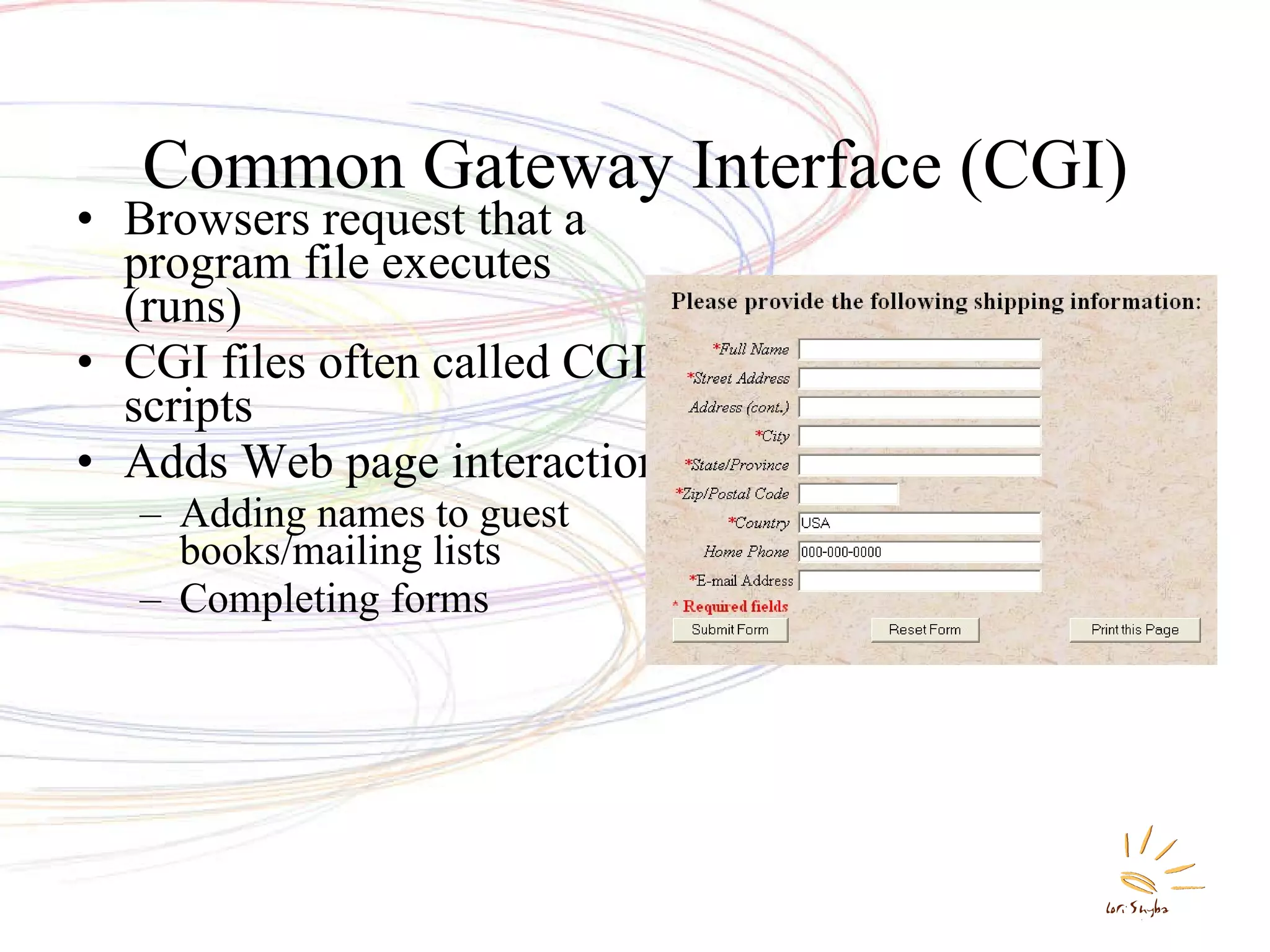 Common Gateway Interface (CGI) Browsers request that a program file executes (runs) CGI files often called CGI scripts Adds Web page interaction Adding names to guest books/mailing lists Completing forms 