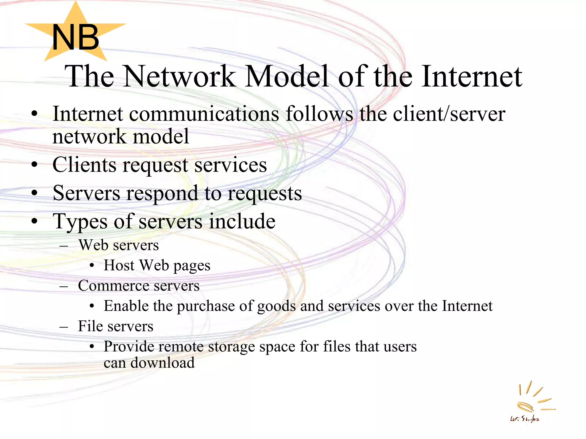 The Network Model of the Internet Internet communications follows the client/server network model Clients request services Servers respond to requests Types of servers include Web servers Host Web pages Commerce servers Enable the purchase of goods and services over the Internet File servers Provide remote storage space for files that users  can download NB 