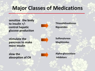 Major Classes of Medications
sensitize the body
to insulin +/-
control hepatic
glucose production
stimulate the
pancreas to make
more insulin
slow the
absorption of CH
Thiazolidinediones
Biguanides
Sulfonylureas
Meglitinides
Alpha-glucosidase
inhibitors
 