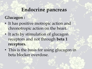 Endocrine pancreas
Glucagon :
• It has positive inotropic action and
chronotropic action on the heart.
• It acts by stimulation of glucagon
receptors and not through beta 1
receptors.
• This is the basis for using glucagon in
beta blocker overdose.
 