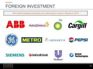 www.kinross.com
16
RUSSIA
FOREIGN INVESTMENT
The world’s leading companies are continuing to invest in Russia in 2015
 