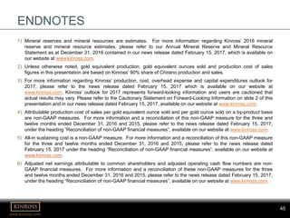 45
www.kinross.com
45
ENDNOTES
1) Mineral reserves and mineral resources are estimates. For more information regarding Kinross’ 2016 mineral
reserve and mineral resource estimates, please refer to our Annual Mineral Reserve and Mineral Resource
Statement as at December 31, 2016 contained in our news release dated February 15, 2017, which is available on
our website at www.kinross.com.
2) Unless otherwise noted, gold equivalent production, gold equivalent ounces sold and production cost of sales
figures in this presentation are based on Kinross’ 90% share of Chirano production and sales.
3) For more information regarding Kinross’ production, cost, overhead expense and capital expenditures outlook for
2017, please refer to the news release dated February 15, 2017 which is available on our website at
www.kinross.com. Kinross’ outlook for 2017 represents forward-looking information and users are cautioned that
actual results may vary. Please refer to the Cautionary Statement on Forward-Looking Information on slide 2 of this
presentation and in our news release dated February 15, 2017, available on our website at www.kinross.com.
4) Attributable production cost of sales per gold equivalent ounce sold and per gold ounce sold on a by-product basis
are non-GAAP measures. For more information and a reconciliation of this non-GAAP measure for the three and
twelve months ended December 31, 2016 and 2015, please refer to the news release dated February 15, 2017,
under the heading “Reconciliation of non-GAAP financial measures”, available on our website at www.kinross.com.
5) All-in sustaining cost is a non-GAAP measure. For more information and a reconciliation of this non-GAAP measure
for the three and twelve months ended December 31, 2016 and 2015, please refer to the news release dated
February 15, 2017 under the heading “Reconciliation of non-GAAP financial measures”, available on our website at
www.kinross.com.
6) Adjusted net earnings attributable to common shareholders and adjusted operating cash flow numbers are non-
GAAP financial measures. For more information and a reconciliation of these non-GAAP measures for the three
and twelve months ended December 31, 2016 and 2015, please refer to the news release dated February 15, 2017,
under the heading “Reconciliation of non-GAAP financial measures”, available on our website at www.kinross.com.
 