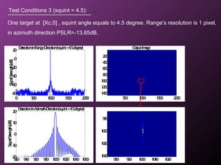 Test Conditions 3 (squint = 4.5):
One target at [Xc,0] , squint angle equals to 4.5 degree. Range’s resolution is 1 pixel,
in azimuth direction PSLR=-13.85dB.
920 940 960 980 1000 1020 1040 1060
-20
-10
0
10
20
DetectioninAzimuth-Direction(squint=4.5degree)
SignalStrength[dB]
0 500 1000 1500 2000
-80
-60
-40
-20
0
20
DetectioninRange-Direction(squint=4.5degree)
SignalStrength[dB]
OutputImage
500 1000 1500 2000
200
400
600
800
1000
1200
1400
980 990 1000 1010 1020
980
1000
1020
1040
 