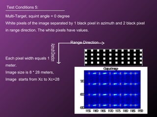 Test Conditions 5:
Multi-Target, squint angle = 0 degree
White pixels of the image separated by 1 black pixel in azimuth and 2 black pixel
in range direction. The white pixels have values.
Each pixel width equals 1
meter.
Image size is 8 * 28 meters,
Image starts from Xc to Xc+28
Range Direction
OutputImage
1155 1160 1165 1170 1175 1180 1185 1190
550
600
650
 