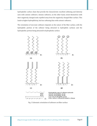  
 
Study of various types of softener (Character, pH, Application Process) in Finishing on Cotton Knitted Goods   Page 8 
hydrophobic carbon chain that provide the characteristic excellent softening and lubricity 
seen with cationic softeners. Anionic softeners, on the other hand, orient themselves with 
their negatively charged ends repelled away from the negatively charged fiber surface. This 
leads to higher hydrophilicity, but less softening than with cationic softeners.  
The orientation of non‐ionic softeners depends on the nature of the fiber surface, with the 
hydrophilic  portion  of  the  softener  being  attracted  to  hydrophilic  surfaces  and  the 
hydrophobic portion being attracted to hydrophobic surface. 
 
Fig. 1 Schematic orientation of softeners on fiber surface  
 
 
 