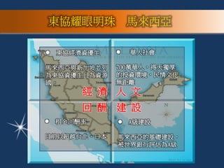  東協經濟資優生
馬來西亞與新加坡並列
為東協資優生且為資源
國。
經 濟 人 文
建 設
 華人社會
700萬華人，得天獨厚
的投資環境，民情文化
無距離
 A級建設
馬來西亞的基礎建設，
被世界銀行評估為A級
東協耀眼明珠 馬來西亞
回 酬
 租金回酬率
目前以超越台北、日本
 