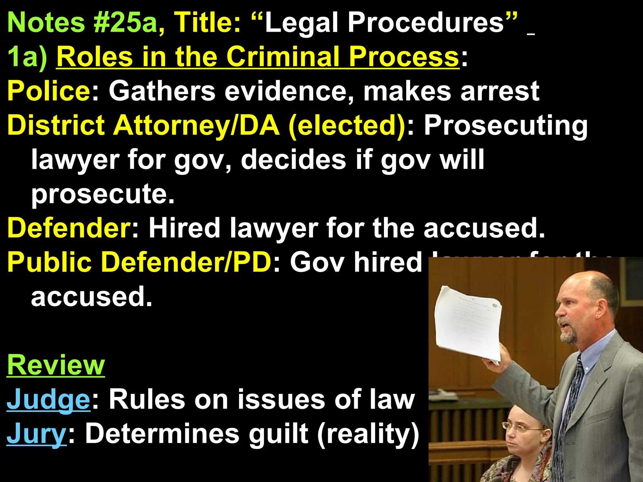 Notes #25a , Title: “ Legal Procedures ”   1a)   Roles in the Criminal Process : Police : Gathers evidence, makes arrest District Attorney/DA (elected) : Prosecuting lawyer for gov, decides if gov will prosecute. Defender : Hired lawyer for the accused. Public Defender/PD : Gov hired lawyer for the accused. Review Judge : Rules on issues of law Jury : Determines guilt (reality) 