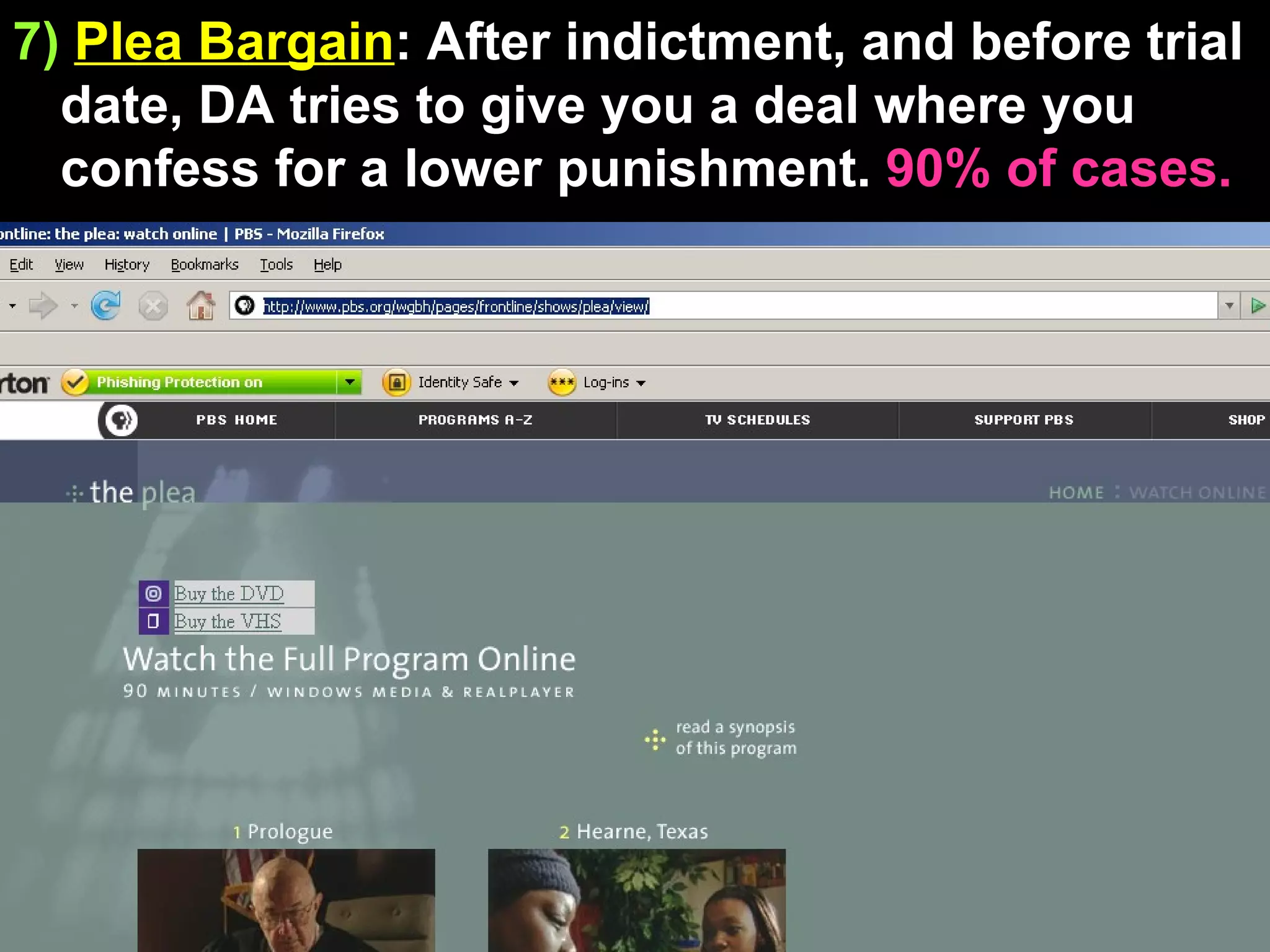 7)   Plea Bargain : After indictment, and before trial date, DA tries to give you a deal where you confess for a lower punishment.  90% of cases.  http://www.pbs.org/wgbh/pages/frontline/shows/plea/view/ 