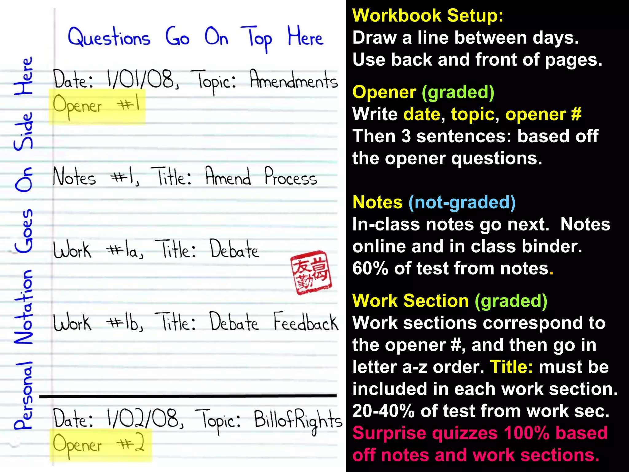 Workbook Setup: Draw a line between days. Use back and front of pages. Opener  (graded) Write  date ,  topic ,  opener # Then 3 sentences: based off the opener questions. Notes  (not-graded) In-class notes go next.  Notes online and in class binder. 60% of test from notes . Work Section  (graded) Work sections correspond to the opener #, and then go in letter a-z order.  Title:  must be included in each work section. 20-40% of test from work sec. Surprise quizzes 100% based off notes and work sections. 
