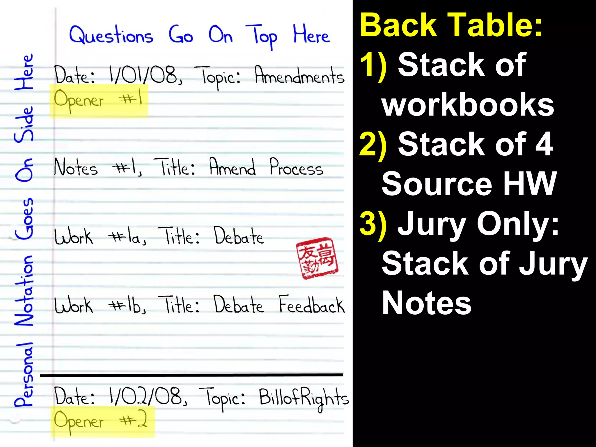 Back Table: 1)  Stack of workbooks 2)  Stack of 4 Source HW 3)  Jury Only: Stack of Jury Notes 