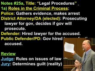 Notes #25a , Title: “ Legal Procedures ”   1a)   Roles in the Criminal Process : Police : Gathers evidence, makes arrest District Attorney/DA (elected) : Prosecuting lawyer for gov, decides if gov will prosecute. Defender : Hired lawyer for the accused. Public Defender/PD : Gov hired lawyer for the accused. Review Judge : Rules on issues of law Jury : Determines guilt (reality) 