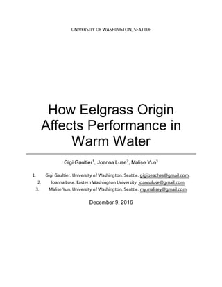 UNIVERSITY OF WASHINGTON, SEATTLE
How Eelgrass Origin
Affects Performance in
Warm Water
______________________________________________________________________
Gigi Gaultier1
, Joanna Luse2
, Malise Yun3
1. Gigi Gaultier. University of Washington, Seattle. gigipeaches@gmail.com.
2. Joanna Luse. Eastern Washington University. joannaluse@gmail.com
3. Malise Yun. University of Washington, Seattle. my.malisey@gmail.com
December 9, 2016
 