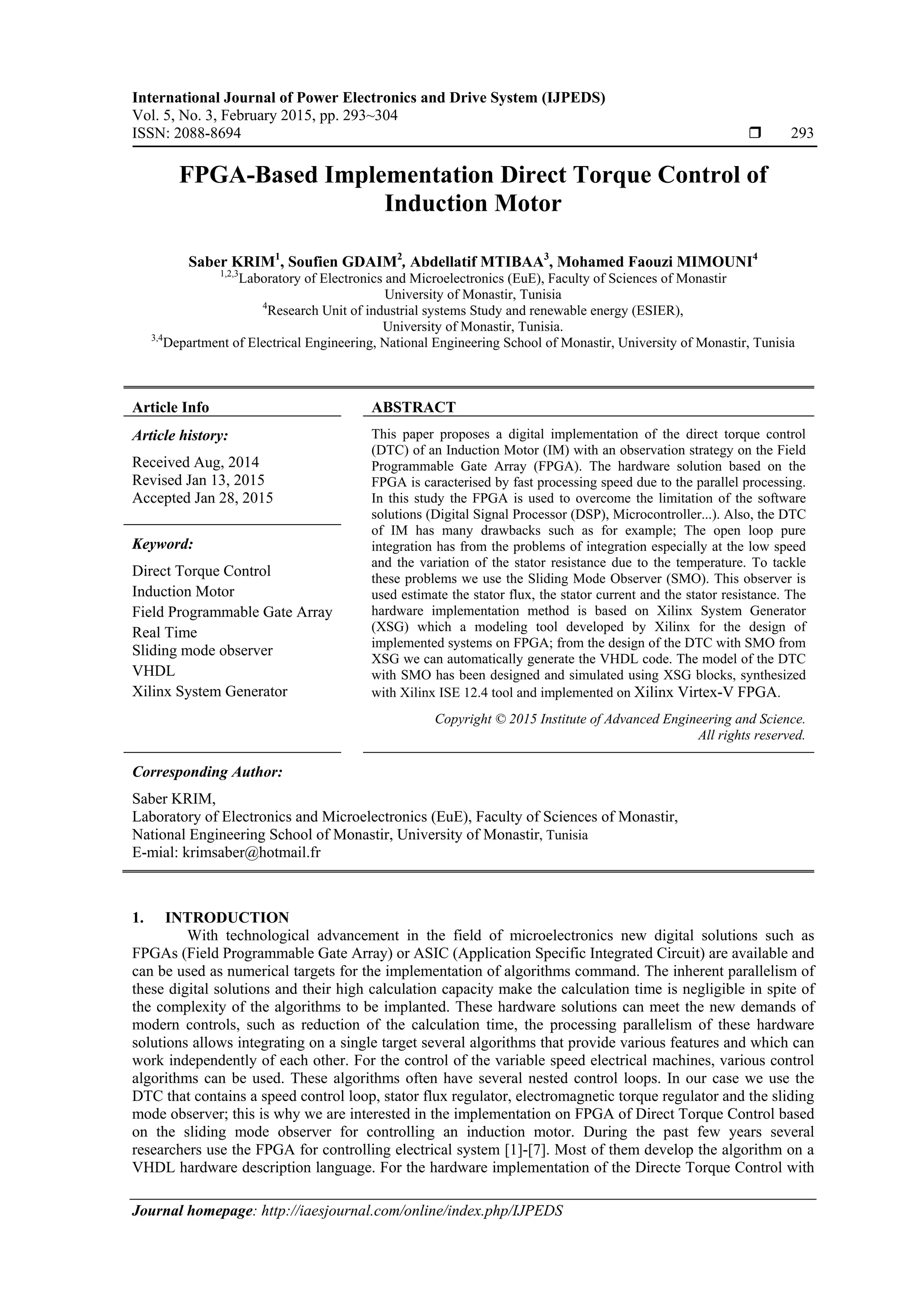 FPGA-Based Implementation Direct Torque Control of Induction Motor | PDF