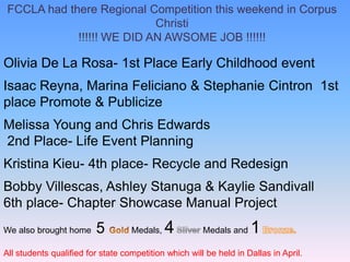 FCCLA had there Regional Competition this weekend in Corpus
                            Christi
             !!!!!! WE DID AN AWSOME JOB !!!!!!

Olivia De La Rosa- 1st Place Early Childhood event
Isaac Reyna, Marina Feliciano & Stephanie Cintron 1st
place Promote & Publicize
Melissa Young and Chris Edwards
2nd Place- Life Event Planning
Kristina Kieu- 4th place- Recycle and Redesign
Bobby Villescas, Ashley Stanuga & Kaylie Sandivall
6th place- Chapter Showcase Manual Project
We also brought home     5         Medals,   4         Medals and   1
All students qualified for state competition which will be held in Dallas in April.
 